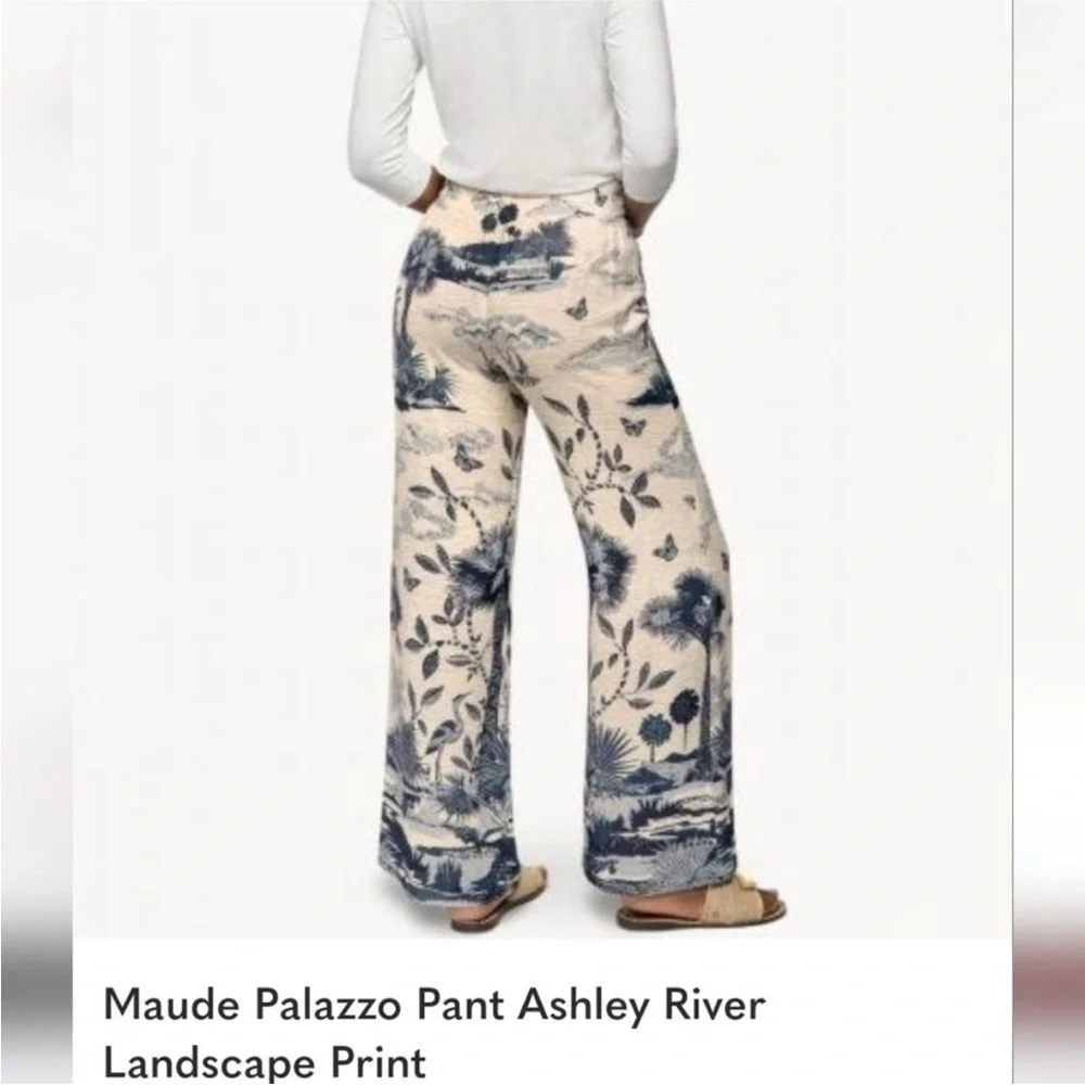 Spartina 449 Maude Palazzo Wide-Leg Pants Tropical Landscape Print Cream Navy, L - Picture 3 of 15